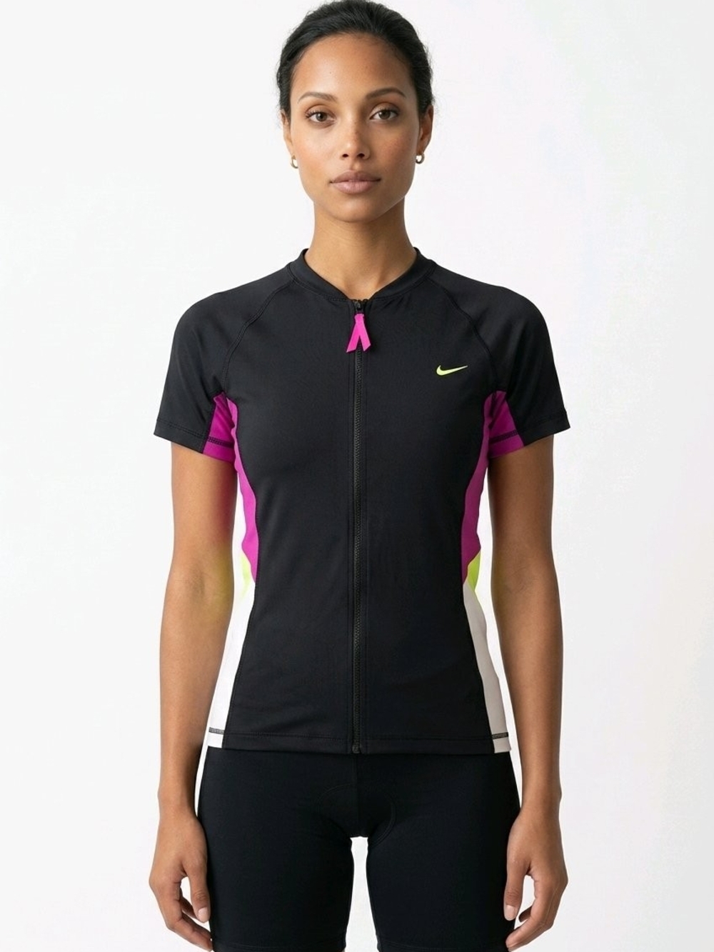 Nike Women's Black Athletic Zip-Front Top with Pink and Neon Yellow Accents